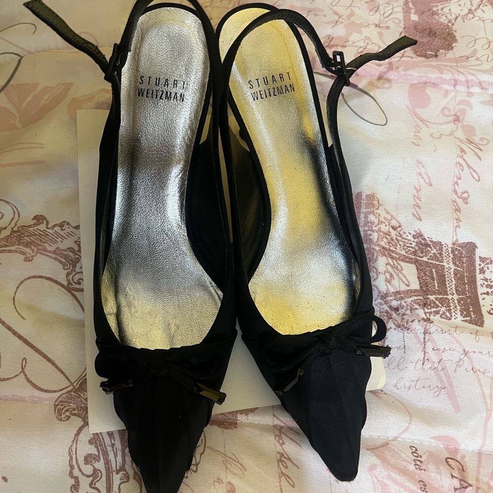 Stuart Weitzman Black Satin Pointed Toe Slingback Heels